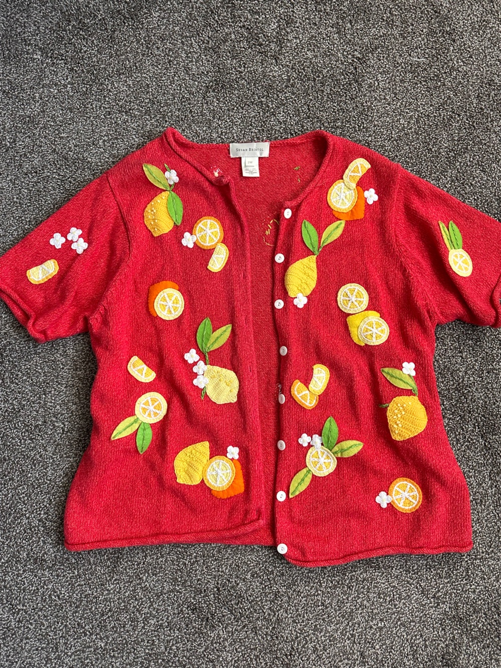 Susan Bristol Red Citrus Appliqué Cardigan